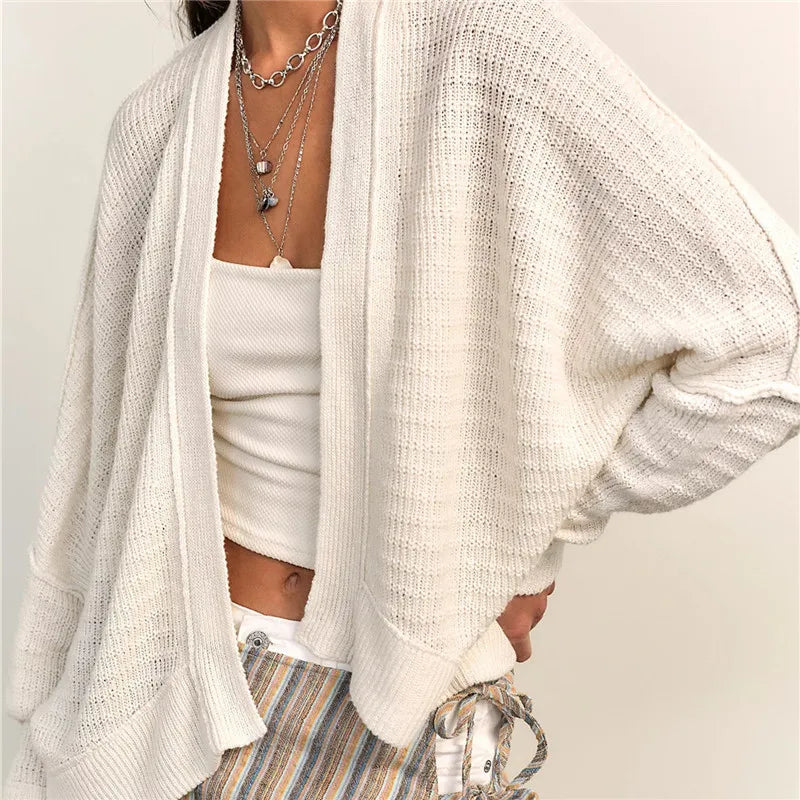 Women Open Front Waffle Knit Cardigan Batwing Long Sleeve Loose Irregular Hem Hollow Knitted Outerwear Boho Casual Top