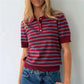 Women Summer Striped Knit Top Short Sleeve Button Casual Knitted T Shirt Vintage Contrast Stripe Basic Pullover