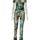 Mesh Patchwork 2 Piece Set Women Flower Print Short Sleeve Crop Tops+Stretch Flared Pants Street Fashion Sexy Outfits
