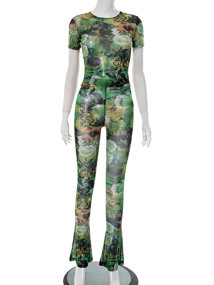 Mesh Patchwork 2 Piece Set Women Flower Print Short Sleeve Crop Tops+Stretch Flared Pants Street Fashion Sexy Outfits