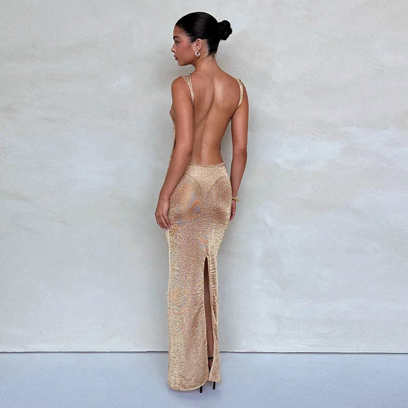 See Through Open Back Split Long Dresses Summer Woman Glitter Beach Dress Elegant Sexy Vacation Outfits