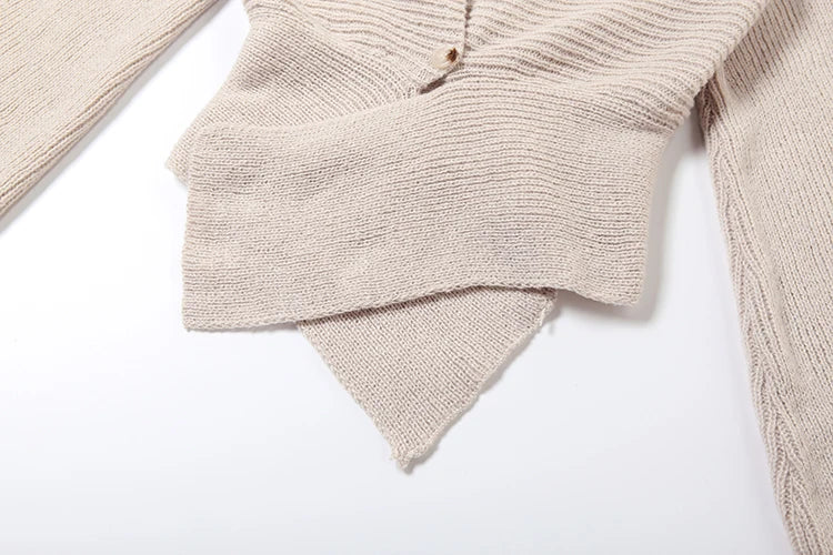 Single Button Cardigan Sweater Woman Elegant Deep V-Neck Full Sleeve Irregular Office Simple Streetwear Jackets Coat