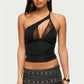 Women's Asymmetrical Halter Top Lace V-Neck Cutout Sleeveless Slim Fit Y2K Cropped Camisole for Party Night Out