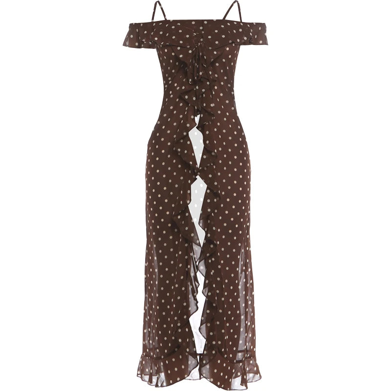 Trend Maxi Mesh Tank Top Women Sexy Polka Dot Print Slash Neck Edge Bandages Patchwork Irregular Hem Chic Streetwear