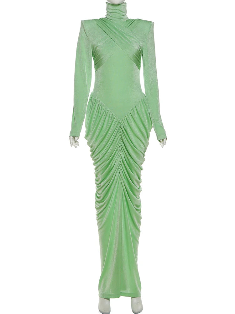 Autumn New Style Maxi Dress Women Turtleneck Full Sleeve Backless Skinny Stretch  Prom Party Ruched Elegant Vestidos