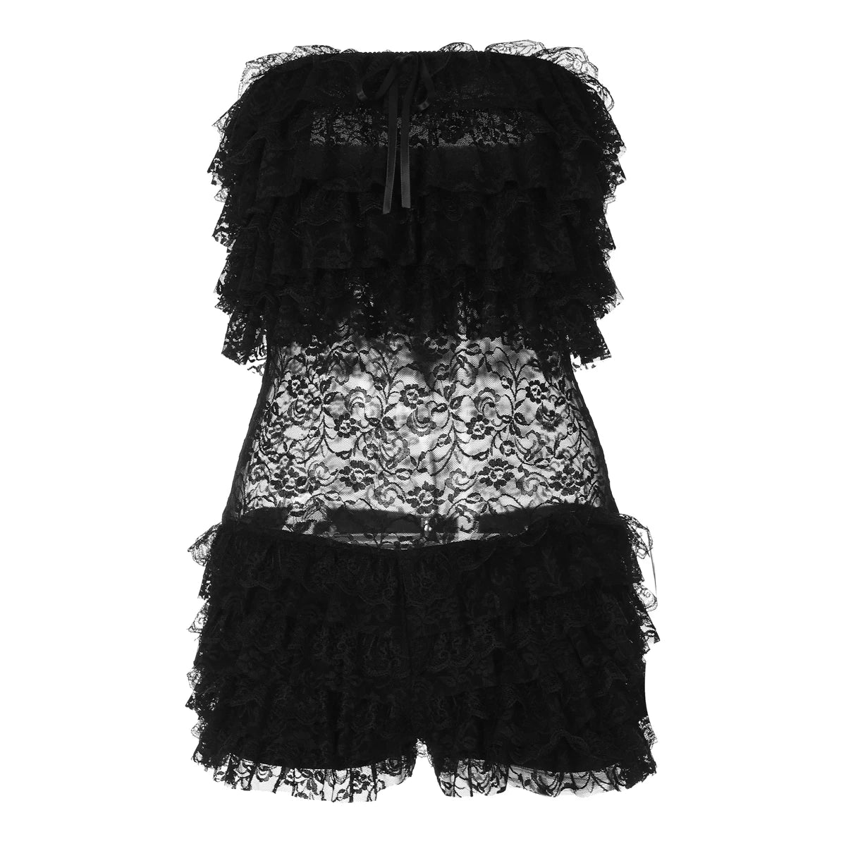 Woman Sexy tierred Lace Playsuits Strapless Pleated Midnight Patchwork Fashion Skinny Special Style Vacation Romper