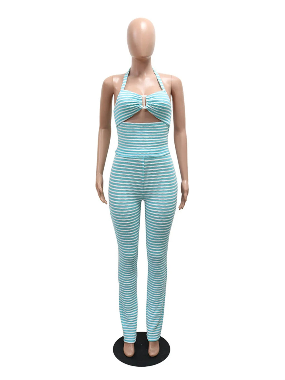 Sexy Crochet Stripe 2 Piece Set Women Hollow Halter Metal buckle Tank Top+Skinny Stretch Pants matching Streetwear