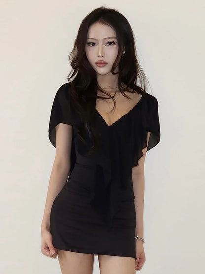 Fashion 2 Piece Set Women Trend Mesh Ruffled Patchwork V-Neck Top+Simple Peach Hip Skirt Sweet Chic Party Club Suits