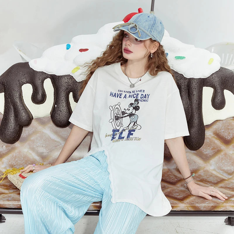 Lavender Oversized Print Ruffle Slit T-Shirt for Women
