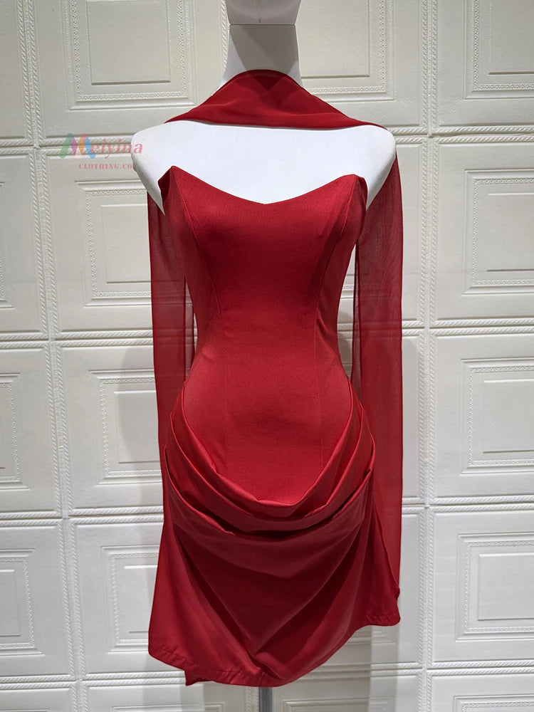 Satin Strapless Backless Sexy Mini Dress Women Elegant Halter Choker Neck Ruched Waist Bodycon Club Party Dresses