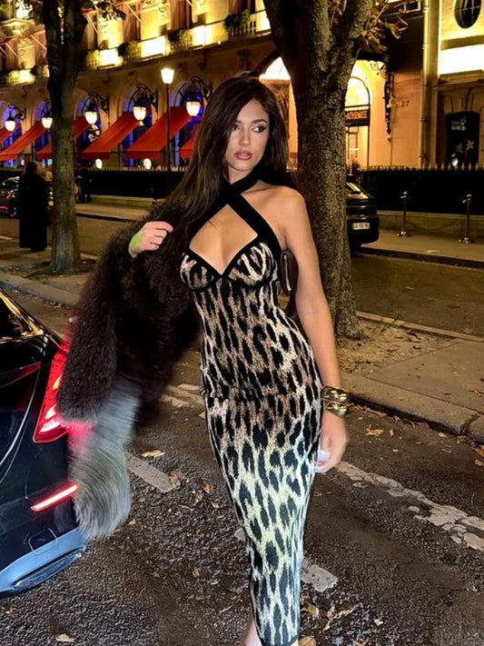 Sexy Leopard Print Long Dresses for Woman Sexy Cross Halter Backless Bodycon Dress Party Club Outfits