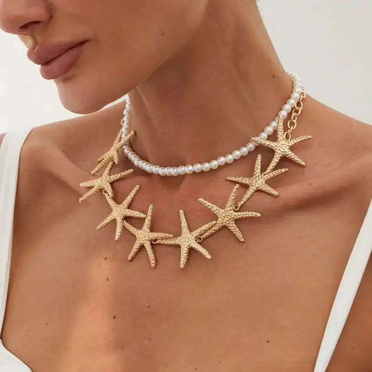 2Pcs/Set Boho Starfish Pendant Choker Necklace for Women Trend 2025 Vintage Imitation Pearl Chain Summer Ocean Jewelry