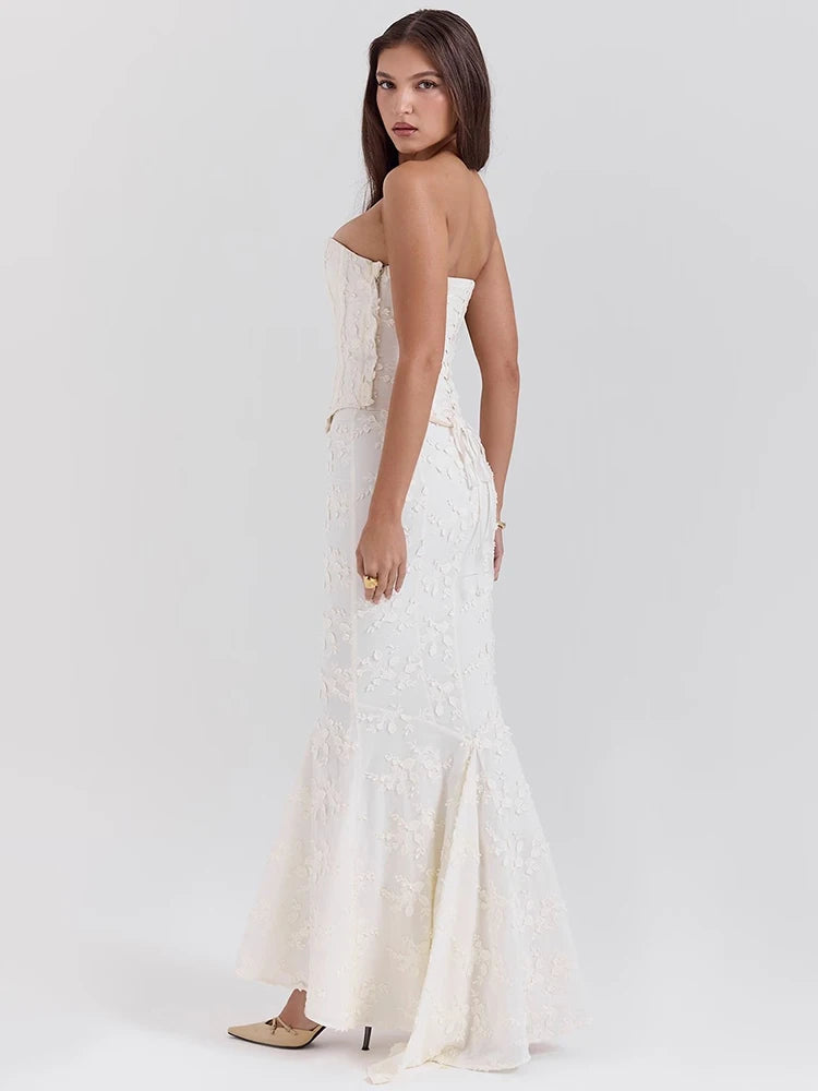 Strapless Sexy Two Piece Set Women White Off-shoulder Lace-up Crop Tops And Maxi Skirt Matching Sets Female Dress Set