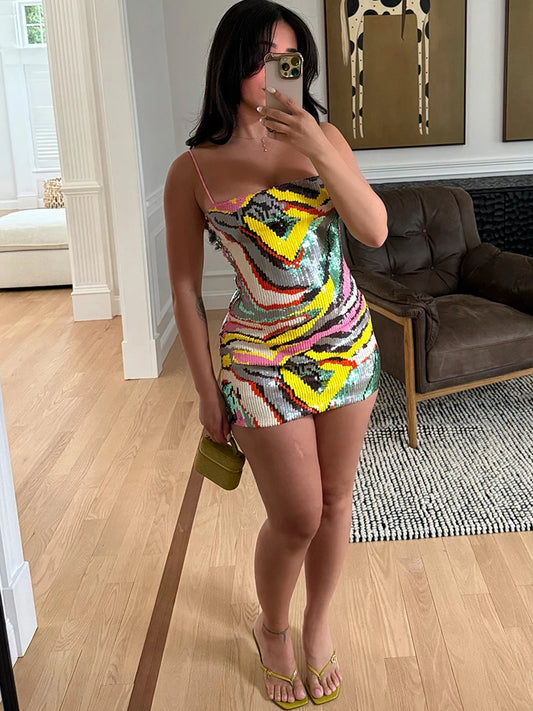 Sequin Patchwork Sling Dress Woman Colorful Print Low-Neck Backless Skinny Peach Hip Evening Party Sexy Mini Bodycon