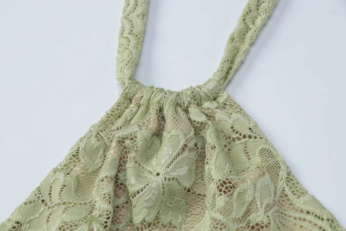 Green Lace Bodycon Dress for Summer Night Club Outfits Sexy Tie Front Halter Backless Mini Dresses for Woman