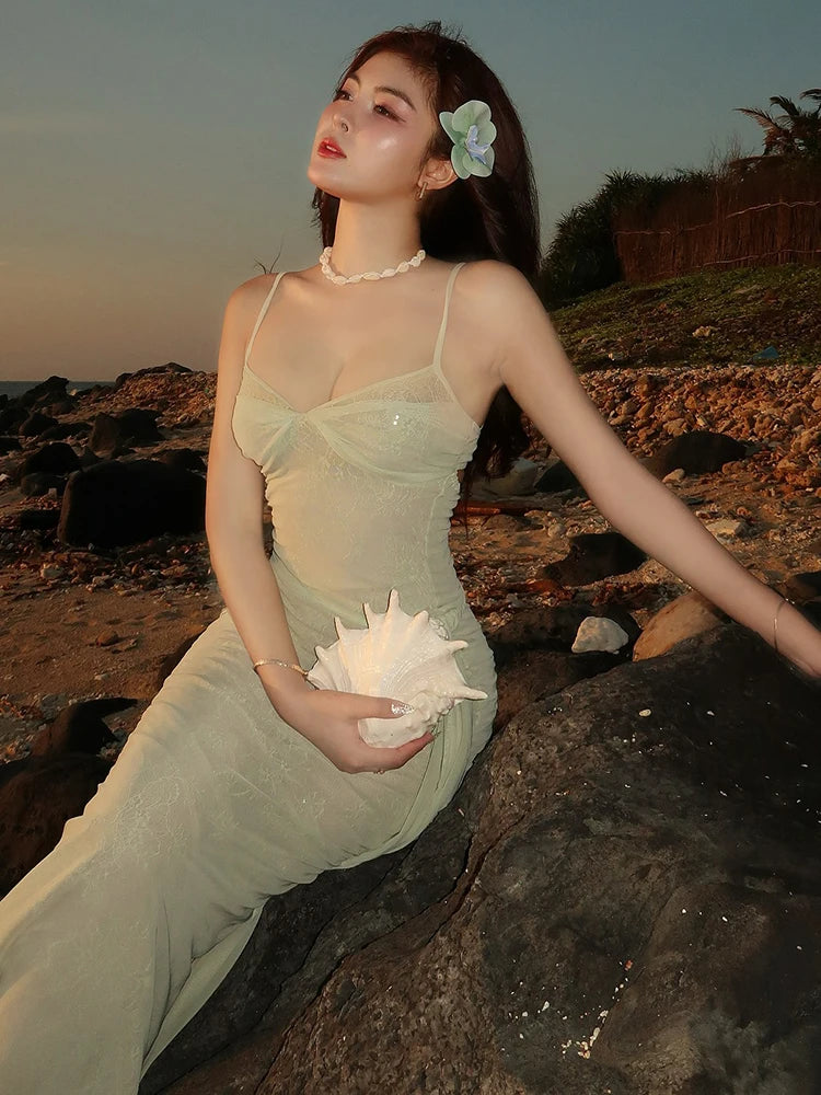 Sexy Appliques Dress Women Sleeveless Backless Patchwork Ruched Low Neck Beach Vacation Party Elegant Mesh Bodycon