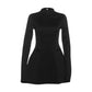 Elegant Backless Dress Women Button Half High Collar Zipper Solid Long Sleeve Autumn Casual Street Trend Mini Bodycon