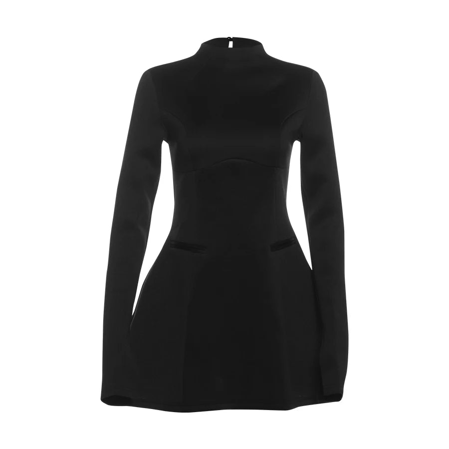 Elegant Backless Dress Women Button Half High Collar Zipper Solid Long Sleeve Autumn Casual Street Trend Mini Bodycon