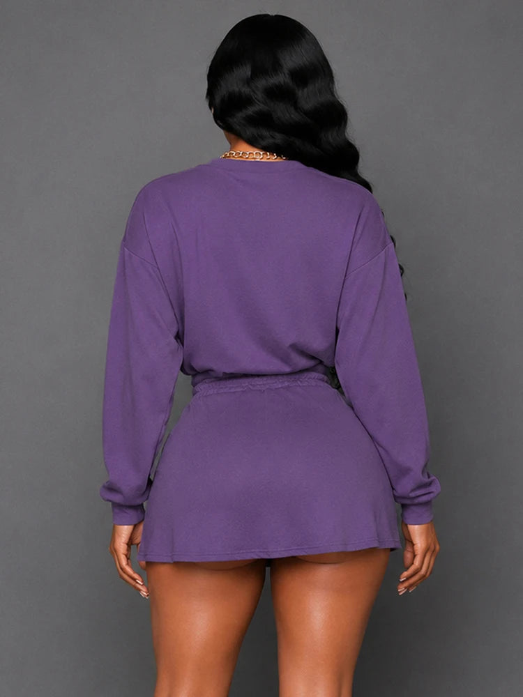 Sporty 2-Piece Set Women o-Neck Lantern Long Sleeve Crop Tops+Split Drawstring Skirt Fashion Summer Autumn Suits