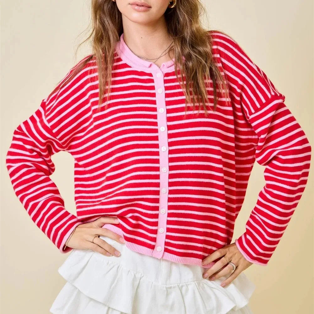Casual Color Block Striped Knit Sweater Open Front Cardigan Round Neck Loose Oversized Long Sleeve Cropped Knitwear