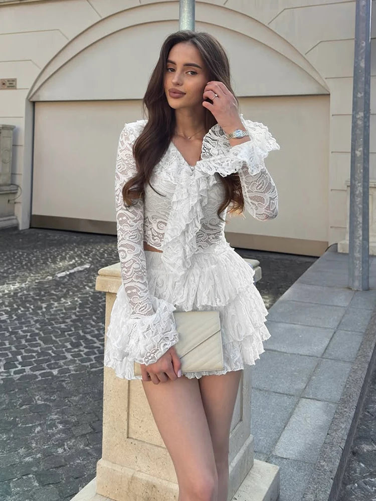 Sexy Jacquard 2 Piece Set Women Elegant Ruffles V-Neck Crop Tops+Tierred Cake Skits Autumn Midnight Party Clubwear