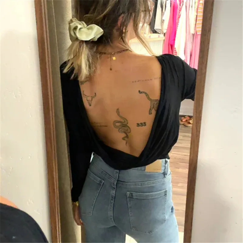 Y2k Aesthetic Low Back Blouse Women Open Back Shirt Long Sleeve Backless Boat Neck Blouse Going Out Workout Outfit
