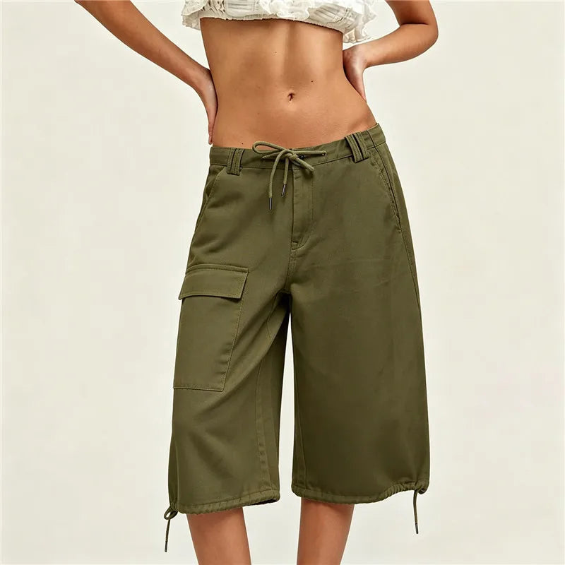 Y2K Vintage White Cargo Capri Jeans Women Loose Wide Leg Drawstring Waist Streetwear Hip Hop Casual Cropped Denim Pants