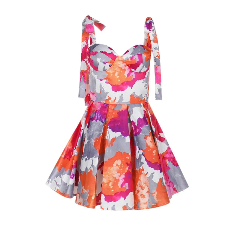 Bow Tie Sleeveless Backless A-line Short Dresses Fashion Print Party Dresses Elegant Woman Clothes