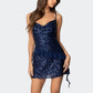 Sexy Women's Sparkle Sequin Mini Dress Party Night Sleeveless Spaghetti Strap Cowl Neck Bodycon Dress Rave Clubwear