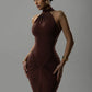 Halter Ruched Sleeveless Sexy Maxi Dress Women Gown Fashion Slim High Waist Evening Club Party Split Long Dress