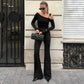 Two Piece Woman Set One Shoulder Long Sleeve Asymmetrical Top and Flare Pants All Black Outfits Sexy