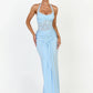 Women Halter Lace Mesh Bodycon Sexy Maxi Dress Elegant Ruched Front Split Long Dress Evening Party Club Formal Dress