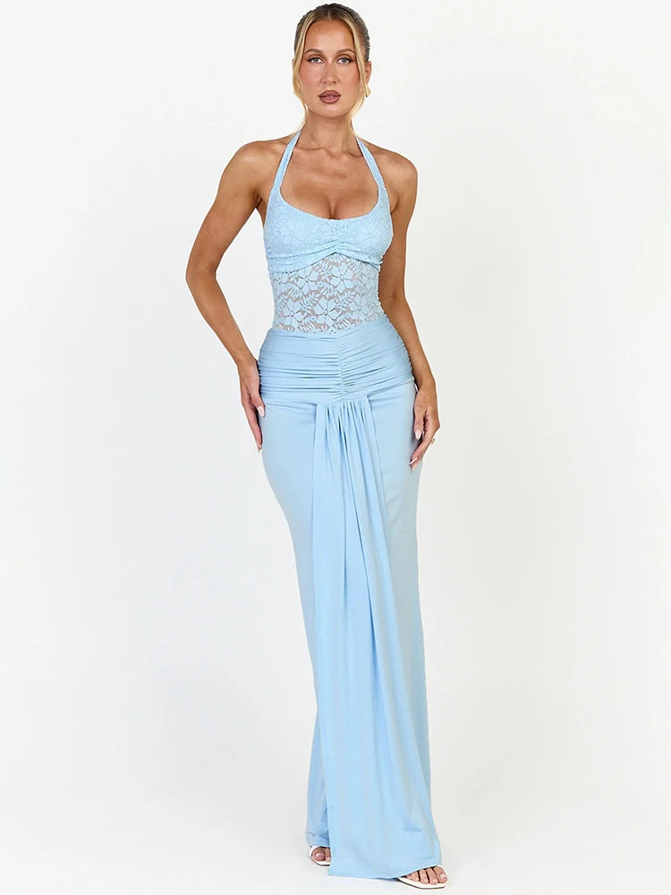 Women Halter Lace Mesh Bodycon Sexy Maxi Dress Elegant Ruched Front Split Long Dress Evening Party Club Formal Dress