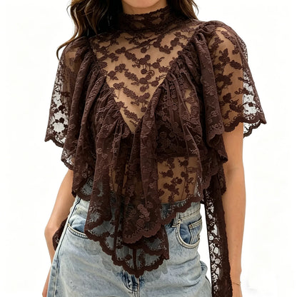 Y2K Fairy Mesh See Through Casual High Neck Looseshawls Women Floral Lace Embroidery Shawl Tops Asymmetrical Streetwear