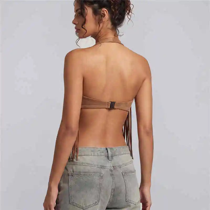 Women Suede Fringe Halter Crop Top Backless Buckle Tassel Sleeveless Western Cowboy Festival Party Streetwear Tank Tops