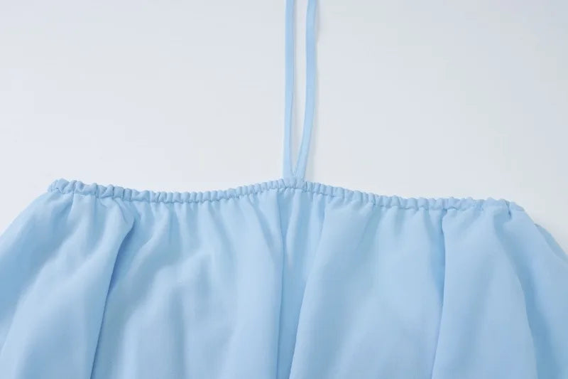 Blue Chiffon Womens Summer Dress Halter Backless Asymmetrical Short Dresses Vacation Outfits Woman Clothing