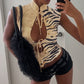 Tiger Print Vest Women Standing Collar Bandage Tassel Hollow Hip-Hop Style Sexy Summer Wild Street Fashion Slim Tops