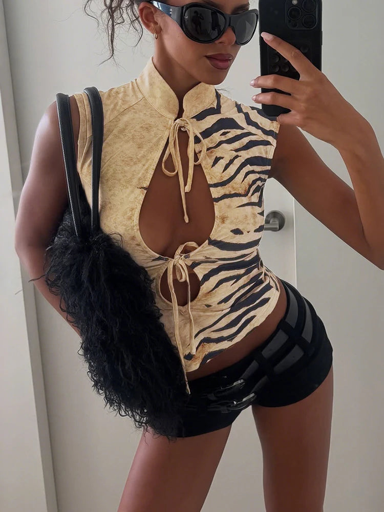 Tiger Print Vest Women Standing Collar Bandage Tassel Hollow Hip-Hop Style Sexy Summer Wild Street Fashion Slim Tops