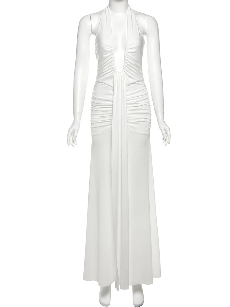 Patchwork Dress Women Backless Halter Deep V-Neck Ribbon Peach Buttock Pleated Solid Midnight Clubwear Party Vestidos