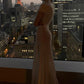 Bead Single-Breasted Dress Women Elegant Turtleneck Short Sleeve See Through Hem Basic Fashion Evening Party Vestidos