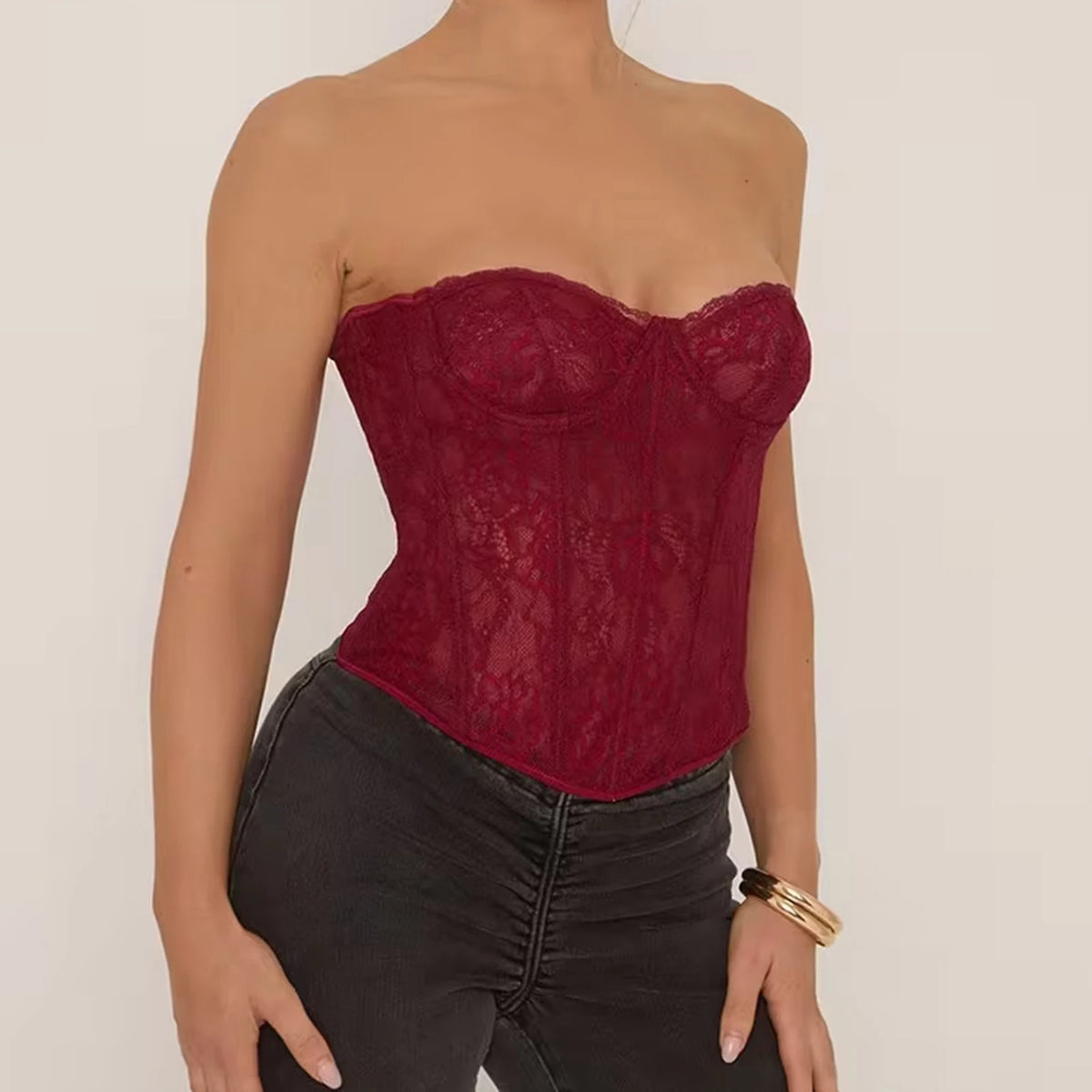 Sexy Women's Lace Corset Tube Tops Party Club Sleeveless Strapless Cross Tie-up Bandeau Bustier Tops Bodyshaper