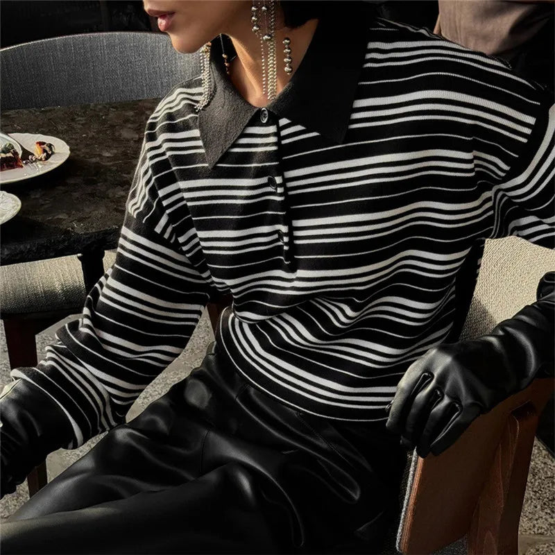 Striped Sweater Women Long Sleeve Button Front Pullover Casual Crew Neck Tops Pullover Sweatshirt Fall Winter Outwear