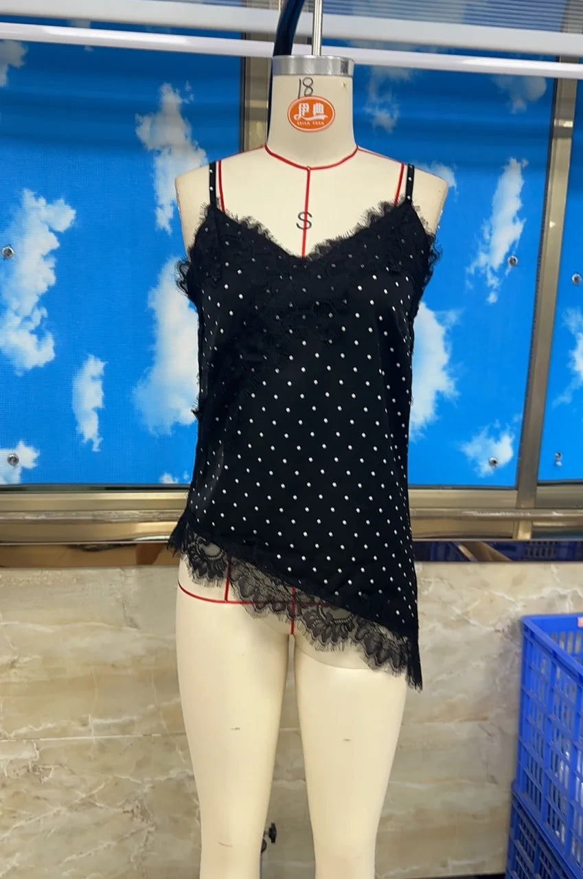 Fashion Summer Women Satin Camisole Top Y2K Polka Dot Lace Trim Spaghetti Strap V Neck Blouse Casual Streetwear