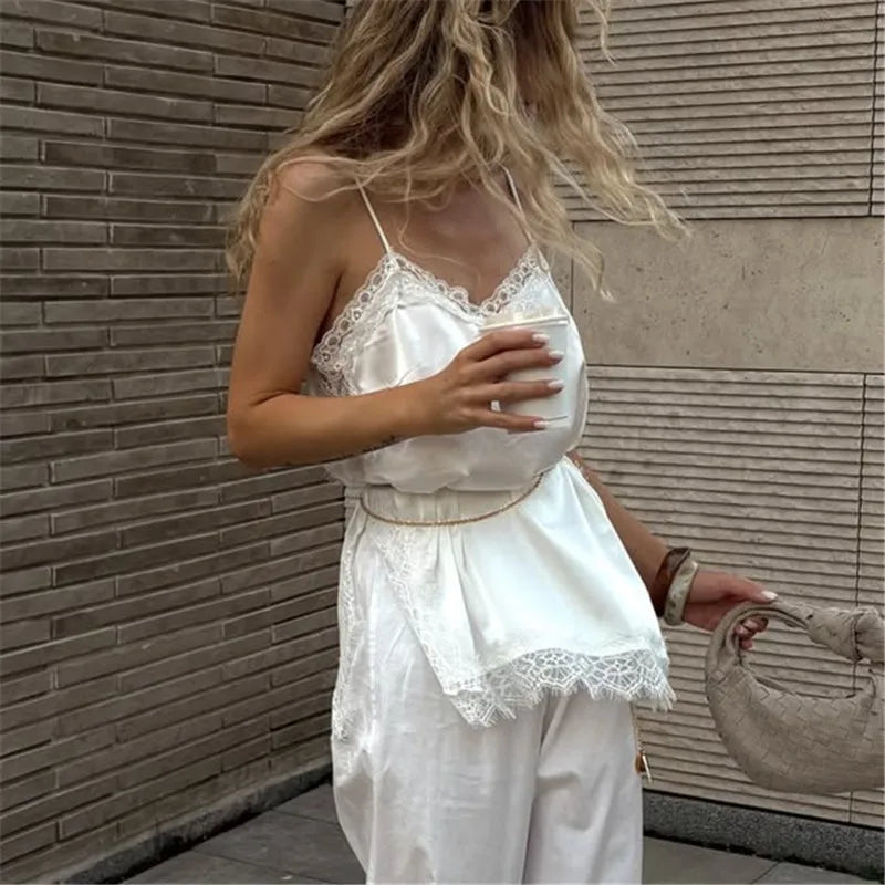 Lace Trim Satin Cami Tank Tops for Women Spaghetti Strap Sexy V Neck Silk Camisole Going Out Party Club Shirts