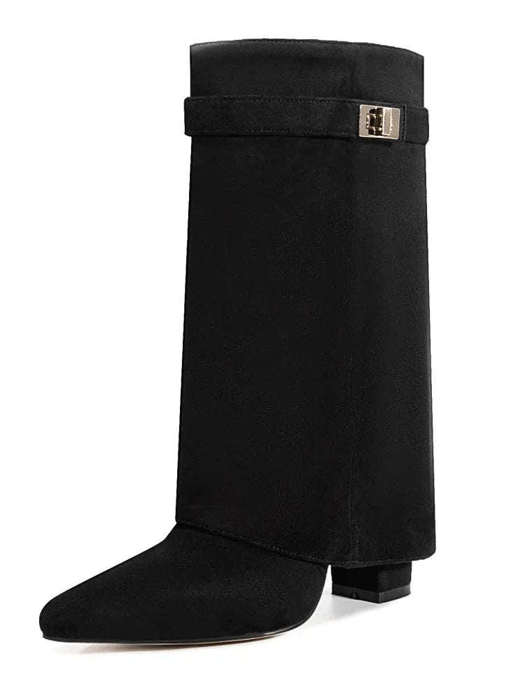 Autumn and Winter New Pointed Metal Buckle Knee High Women's Boots, Thick High-heeled Pants Boots, Fashionable Mid Leg Boots