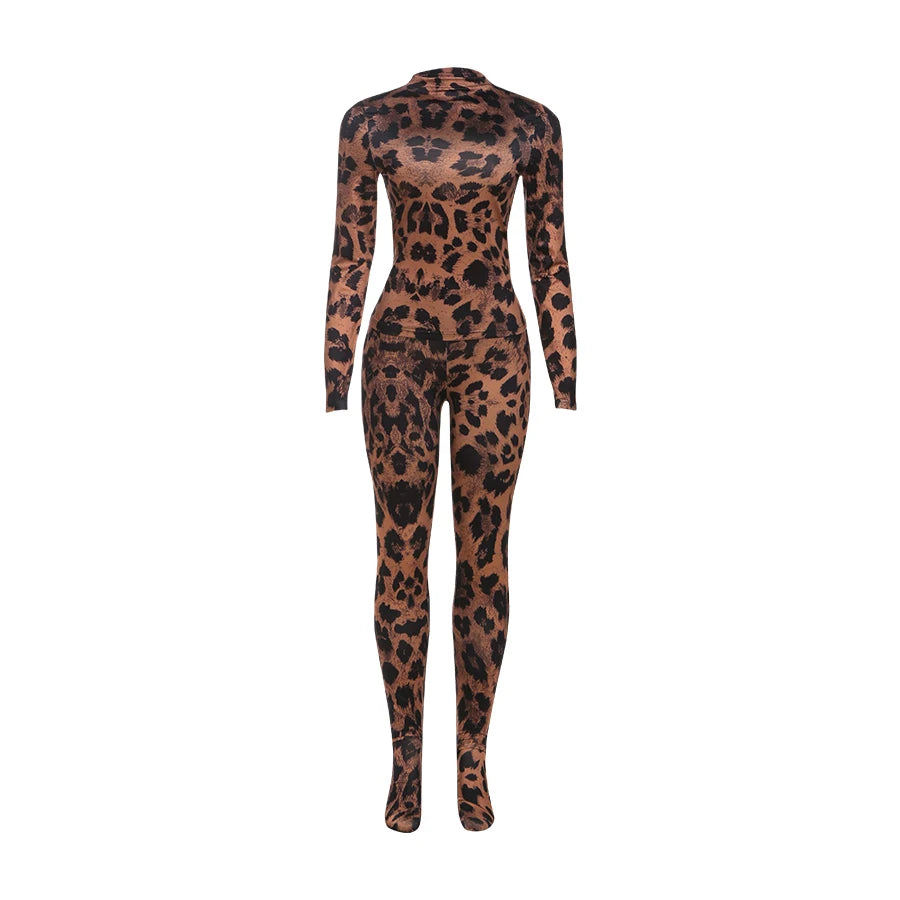 Hipster Leopard Print 2-Piece Set Women o-Neck Crop Top+Leggings Matching Sexy Stretch Skinny Street Clubwear Outfits