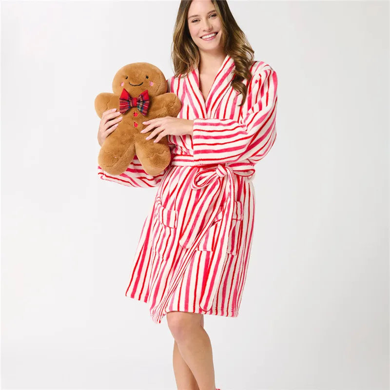 Women Christmas Shawl Robe Plush Bathrobe with Pockets Knee Length Nightgown Sleepwear Xmas Robes Loungewear