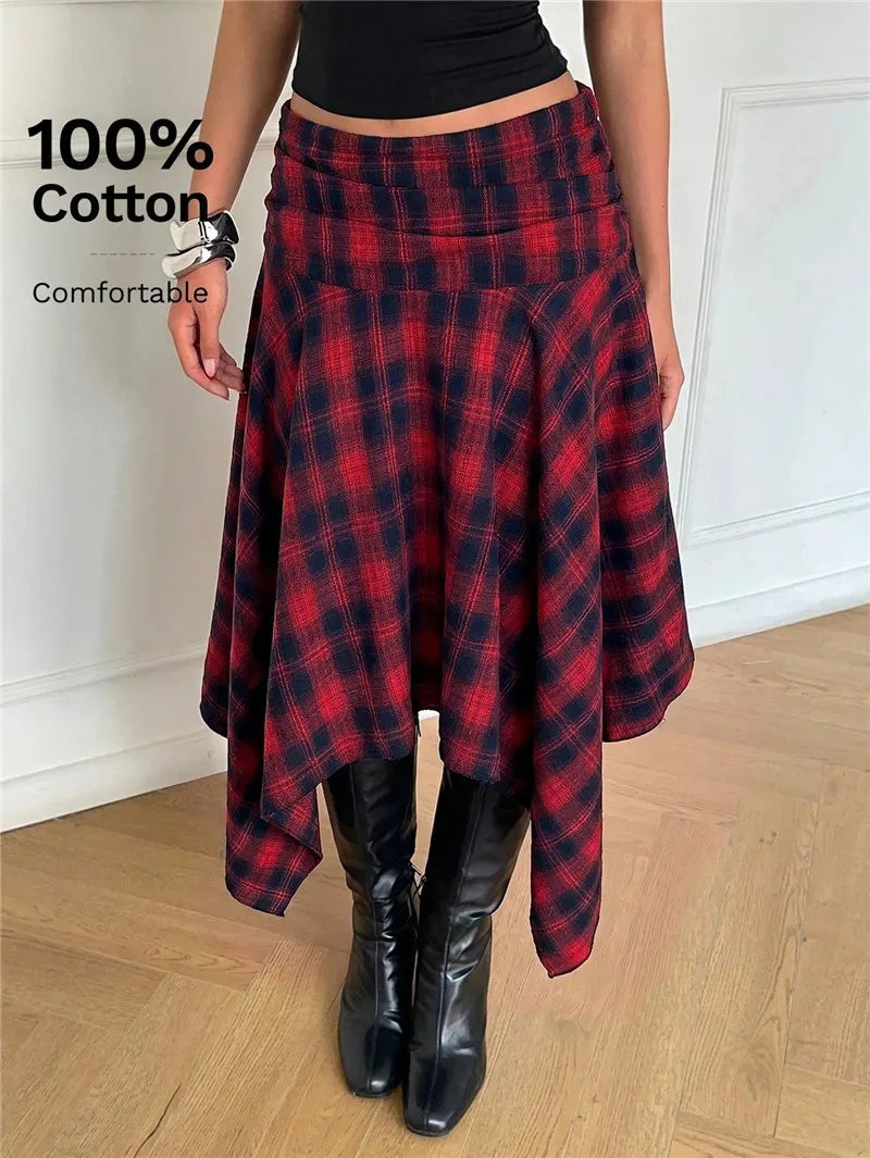 Y2K Preppy College Tartan Midi Skirt Women Fold Over Waist Irregular Asymmetric Hem Plaid A Line Flare Skirt Streetwear