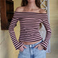 Stripe Fold Over Off Shoulder Top Long Sleeve Slim Ribbed Crop Tee Women Soft Stretchy Casual Streetwear Basic Short Top