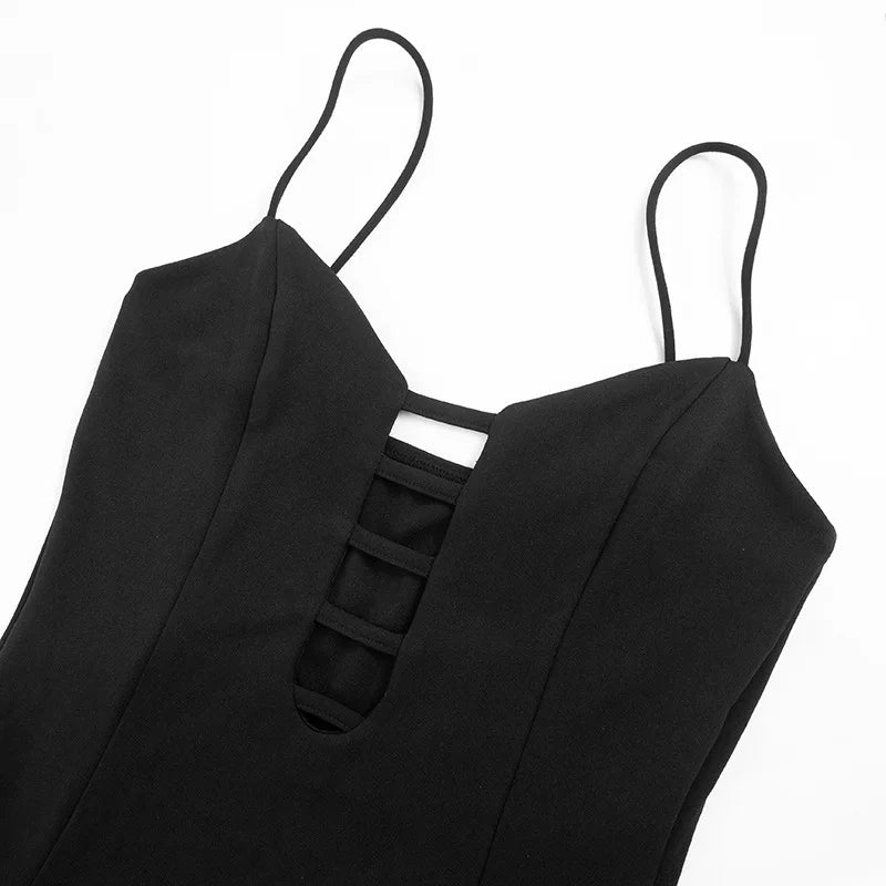 Hollow Out Deep V Backless High Split Long Dresses Sexy Club Outfit for Womens Black Summer Dress